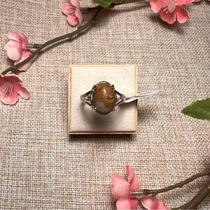 Size 10 | Silver Boho Gemstone Ring – Large Oval Brown Jasper, Chunky Statement